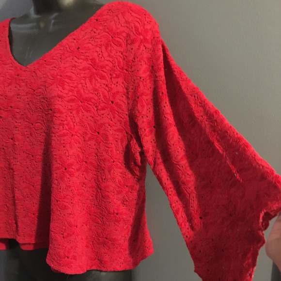 Woman’s red lace over red top with butterfly sleeves - Picture 2 of 8